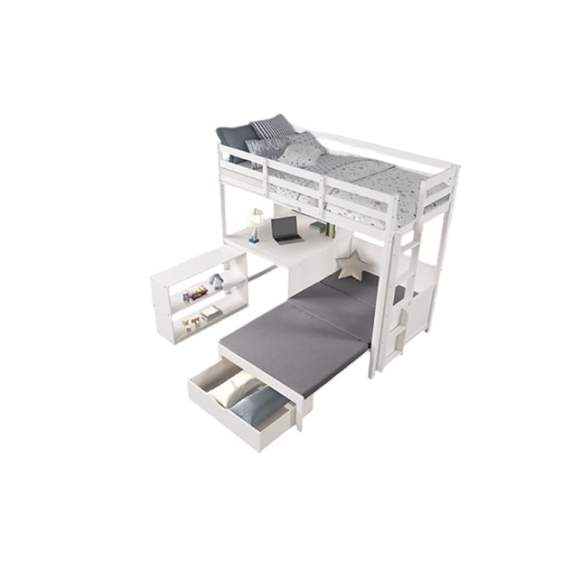Sirius Twin Loft Bed- Bookcase and Desk- Shelf Unit- White Pine Wood