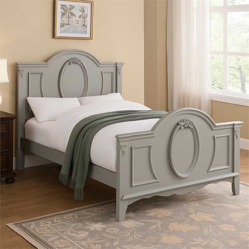Auri Full Size Bed- Arch Headboard- Rope Molding w Floral Motifs- Gray