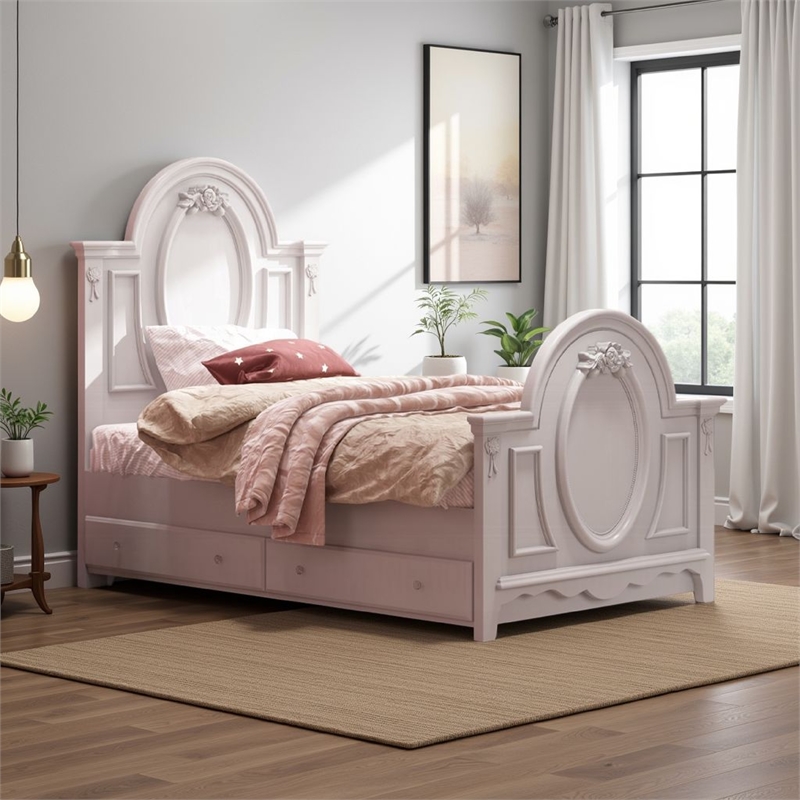 Auri Twin Size Bed- Arch Headboard- Rope Molding w Floral Motifs- Gray