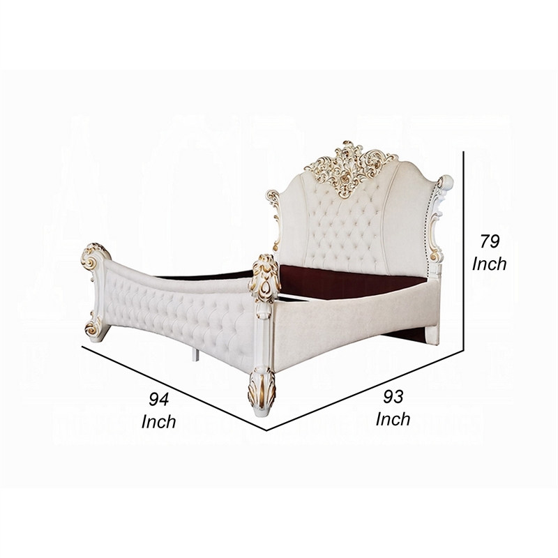 Antoine King Size Bed- Ivory Faux Leather Victorian Carved Pearl White