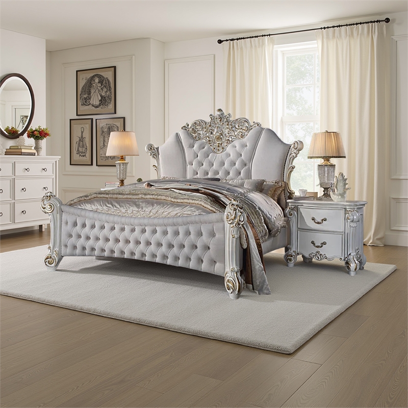 Antoine King Size Bed- Ivory Faux Leather Victorian Carved Pearl White