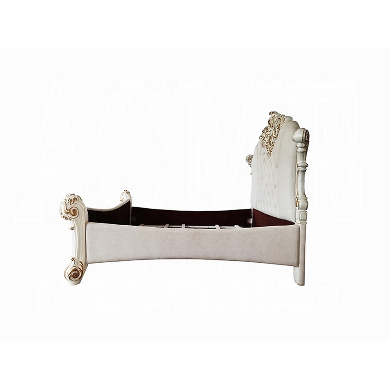 Antoine King Size Bed- Ivory Faux Leather Victorian Carved Pearl White
