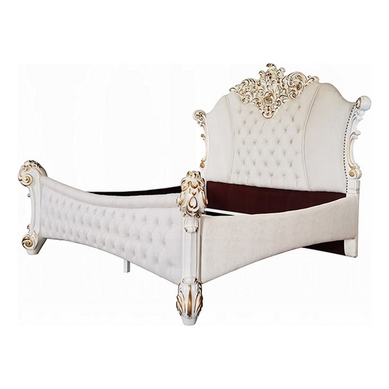 Antoine King Size Bed- Ivory Faux Leather Victorian Carved Pearl White