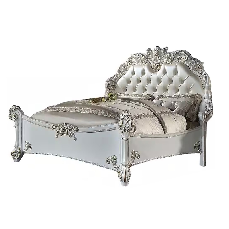 Antoine California King Bed- Pearl White Faux Leather Victorian Carved