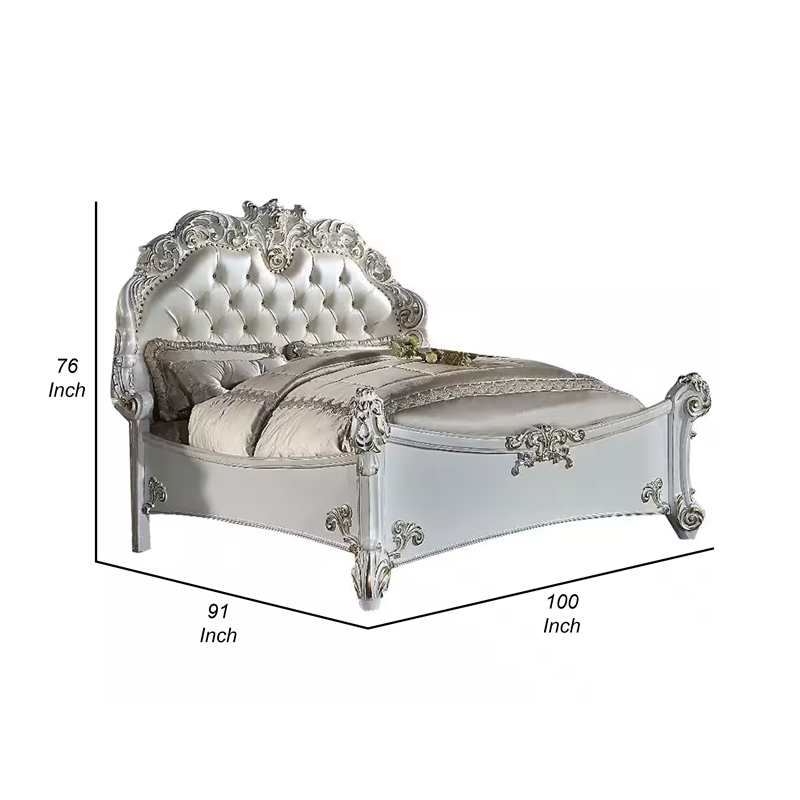 Antoine California King Bed- Pearl White Faux Leather Victorian Carved