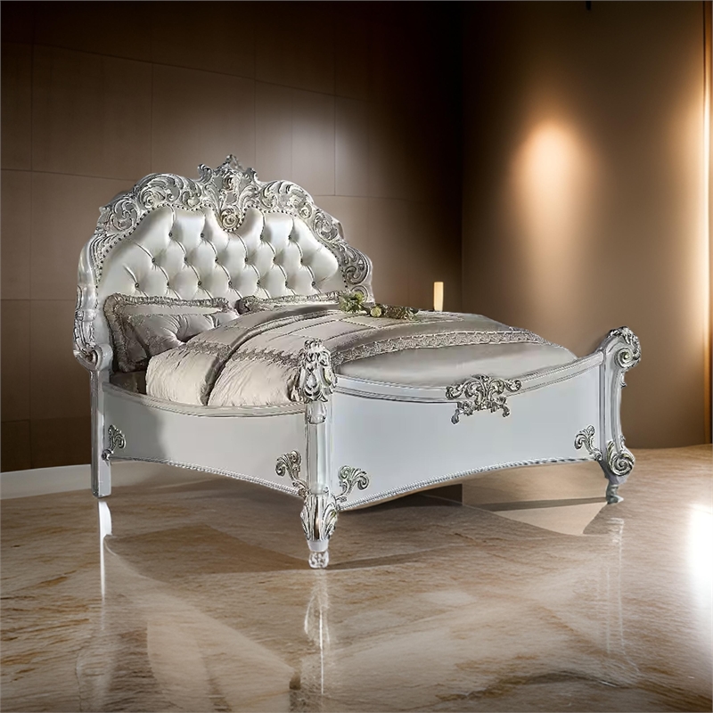 Antoine California King Bed- Pearl White Faux Leather Victorian Carved