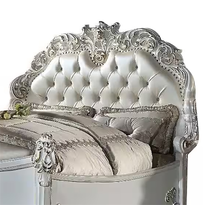 Antoine California King Bed- Pearl White Faux Leather Victorian Carved
