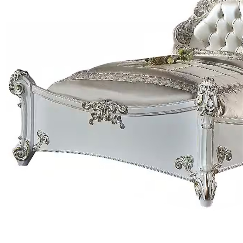 Antoine California King Bed- Pearl White Faux Leather Victorian Carved