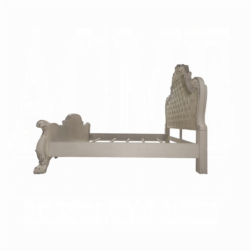Ally California King Size Bed- White Faux Leather Victorian Carved