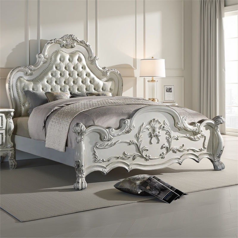 Ally California King Size Bed- White Faux Leather Victorian Carved