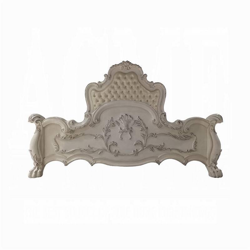 Ally California King Size Bed- White Faux Leather Victorian Carved