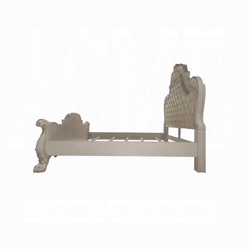 Ally California King Size Bed- White Faux Leather Victorian Carved