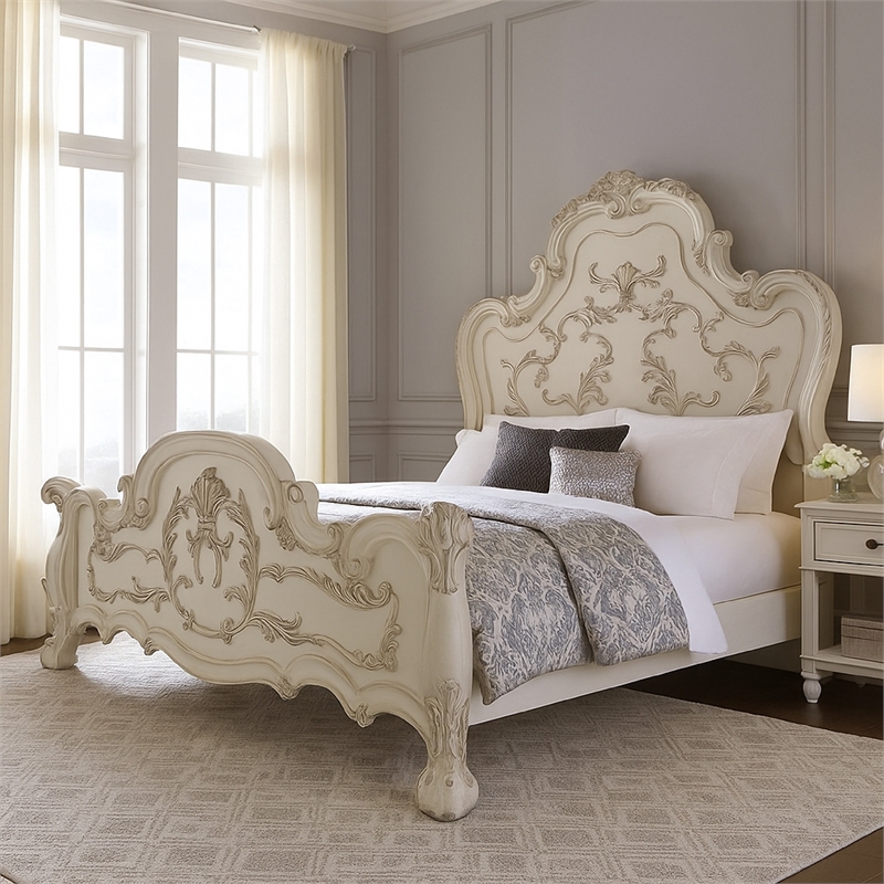 Ally California King Bed- Decorative Carved Inlay- Bone White Wood