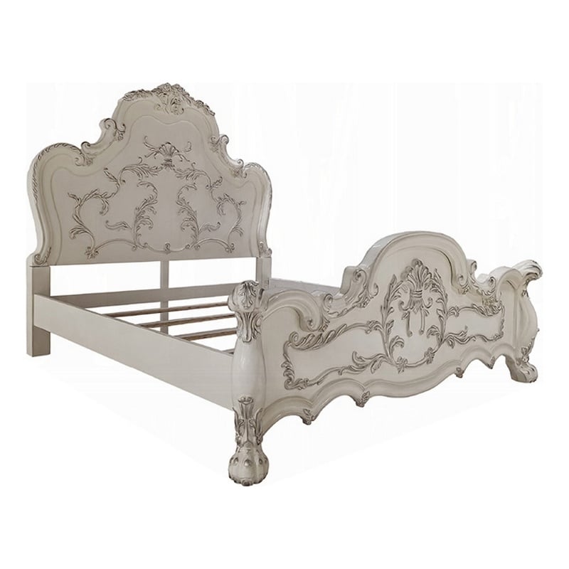 Ally California King Bed- Decorative Carved Inlay- Bone White Wood