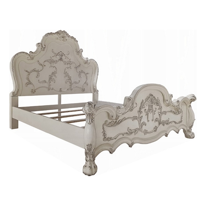 Ally California King Bed- Decorative Carved Inlay- Bone White Wood