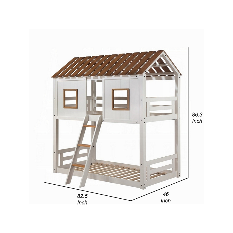 Nara Twin Size Bunk Bed- House Design with Ladder- White Rustic Wood