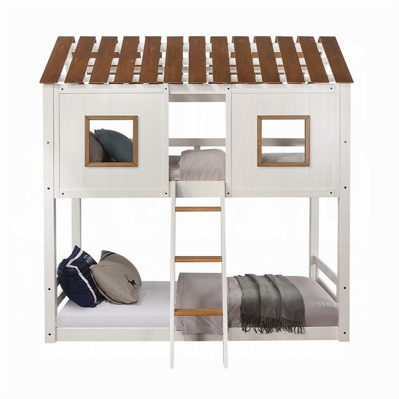 Nara Twin Size Bunk Bed- House Design with Ladder- White Rustic Wood