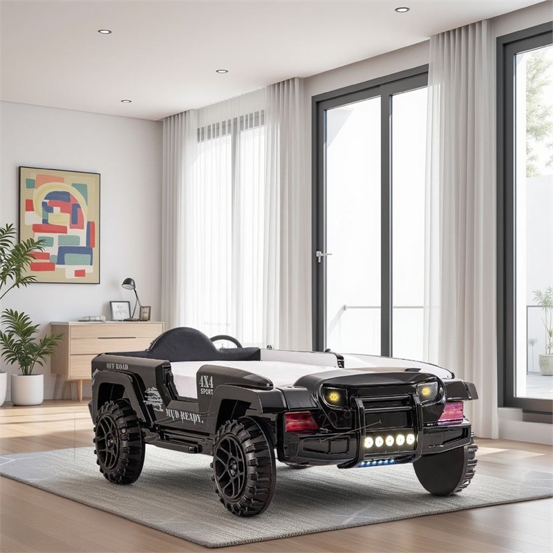Randy SUV Twin Bed with Lights- Sound Effects- Black Faux Leather