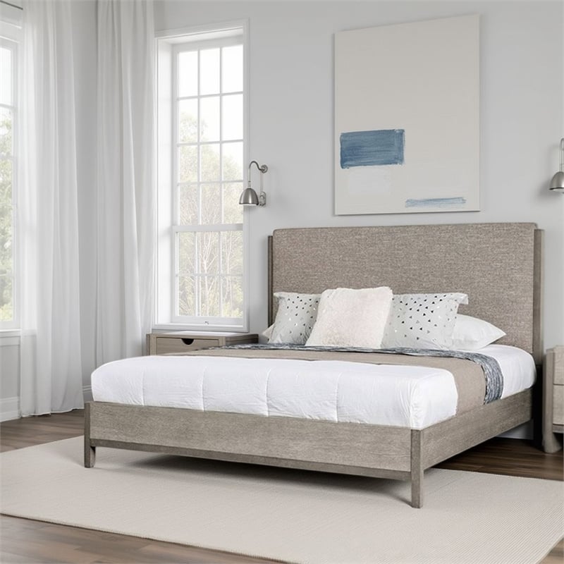 Rizvi King Bed- Upholstered Headboard- Beveled Mirror- Gray Solid Wood