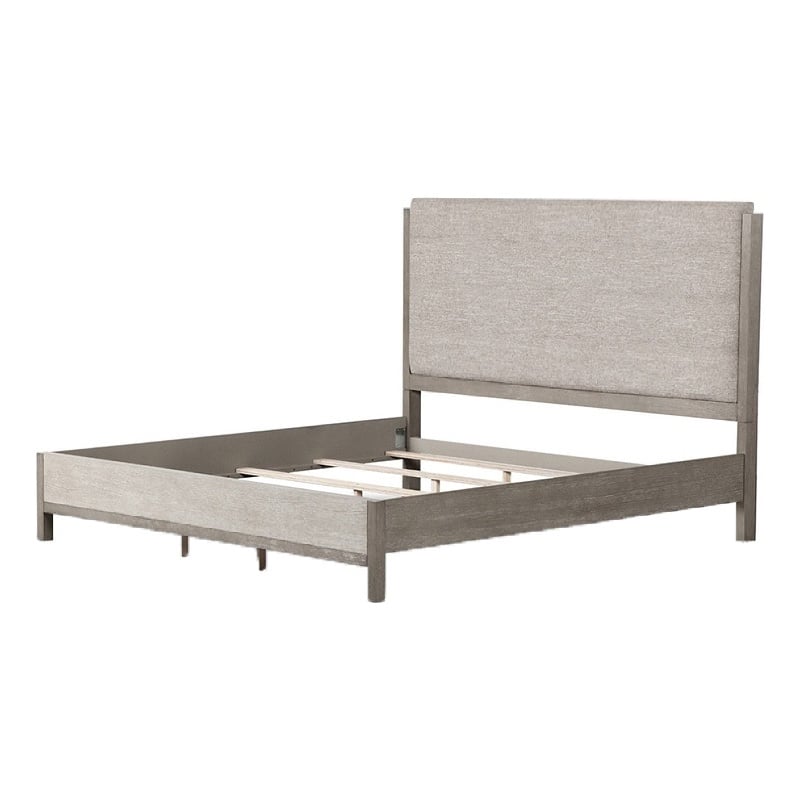 Rizvi King Bed- Upholstered Headboard- Beveled Mirror- Gray Solid Wood