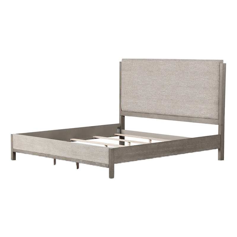 Rizvi King Bed- Upholstered Headboard- Beveled Mirror- Gray Solid Wood