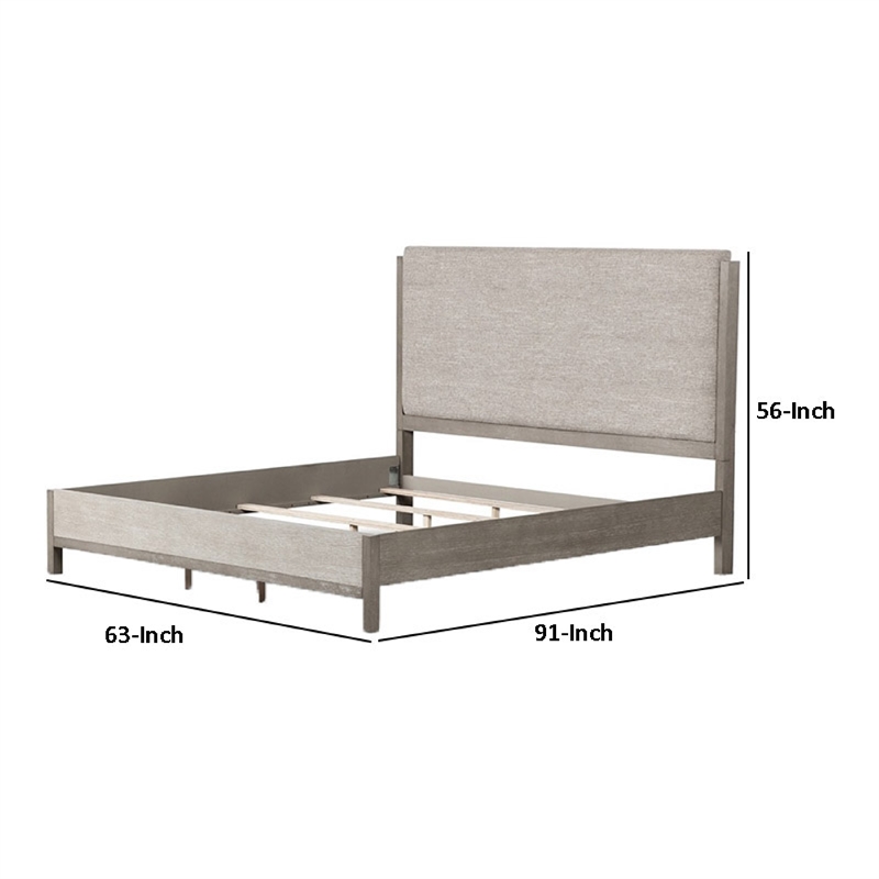 Rizvi Queen Size Bed- Upholstered Headboard- Gray Fabric- Solid Wood