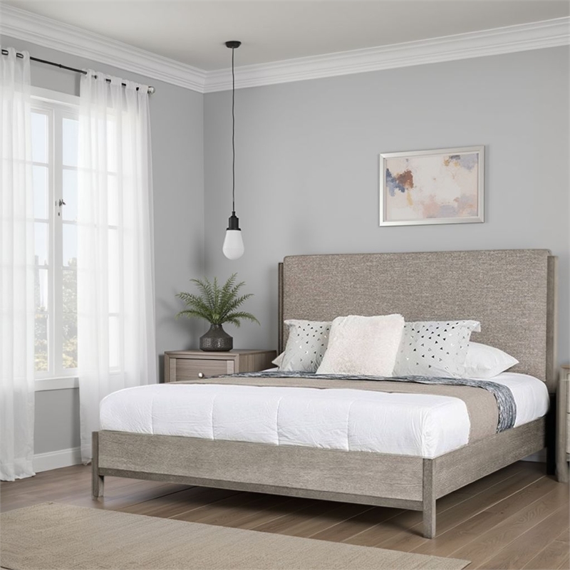 Rizvi Queen Size Bed- Upholstered Headboard- Gray Fabric- Solid Wood