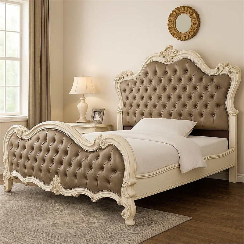 Sicily California King Bed- Classic Carved- Tufted Gray Faux Leather