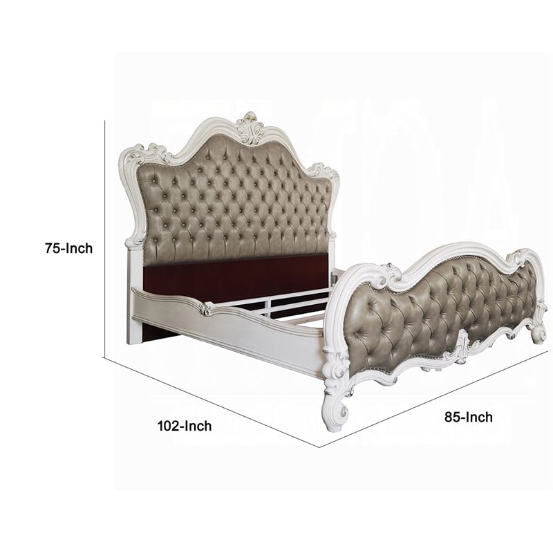 Sicily California King Bed- Classic Carved- Tufted Gray Faux Leather