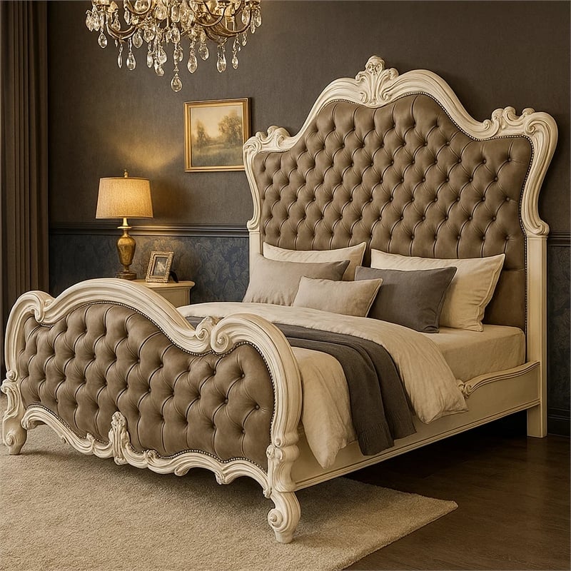 Sicily California King Bed- Classic Carved- Tufted Gray Faux Leather