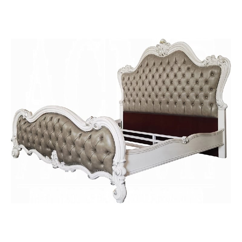 Sicily California King Bed- Classic Carved- Tufted Gray Faux Leather