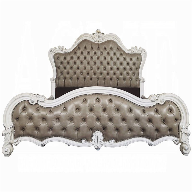 Sicily California King Bed- Classic Carved- Tufted Gray Faux Leather