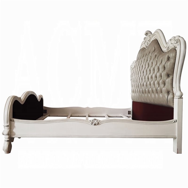 Sicily California King Bed- Classic Carved- Tufted Gray Faux Leather