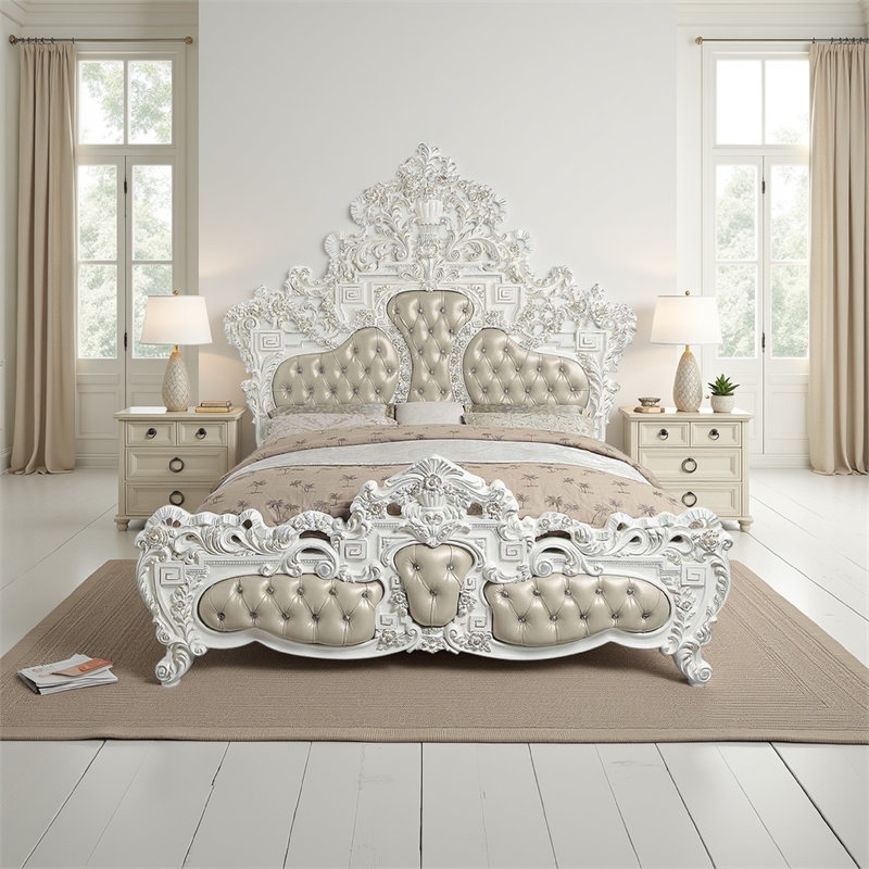 Kin King Size Bed- Ornate Vintage White- Tufted Beige Faux Leather