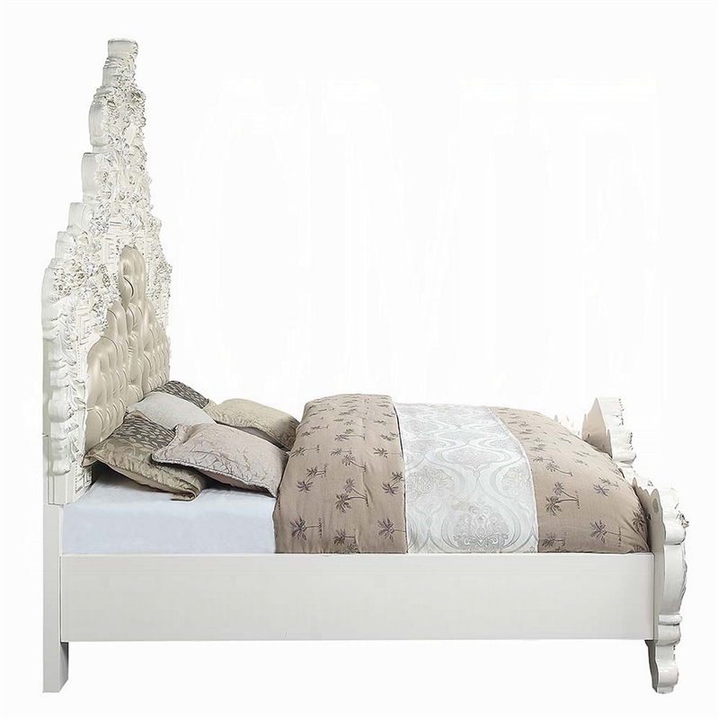 Kin King Size Bed- Ornate Vintage White- Tufted Beige Faux Leather