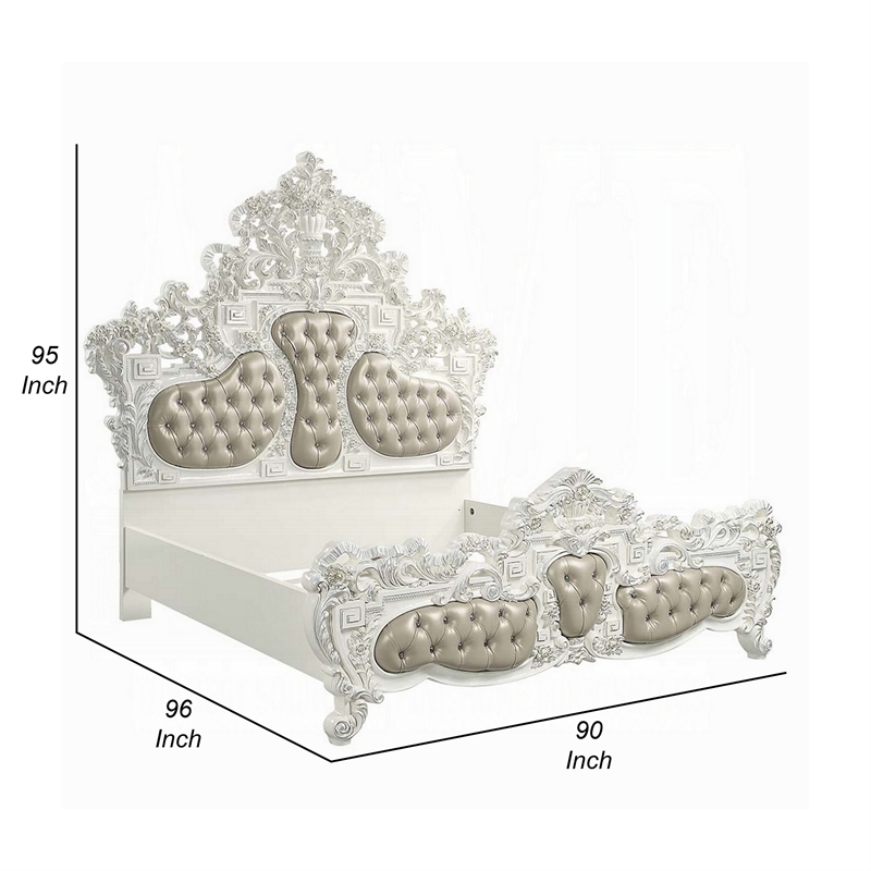 Kin King Size Bed- Ornate Vintage White- Tufted Beige Faux Leather