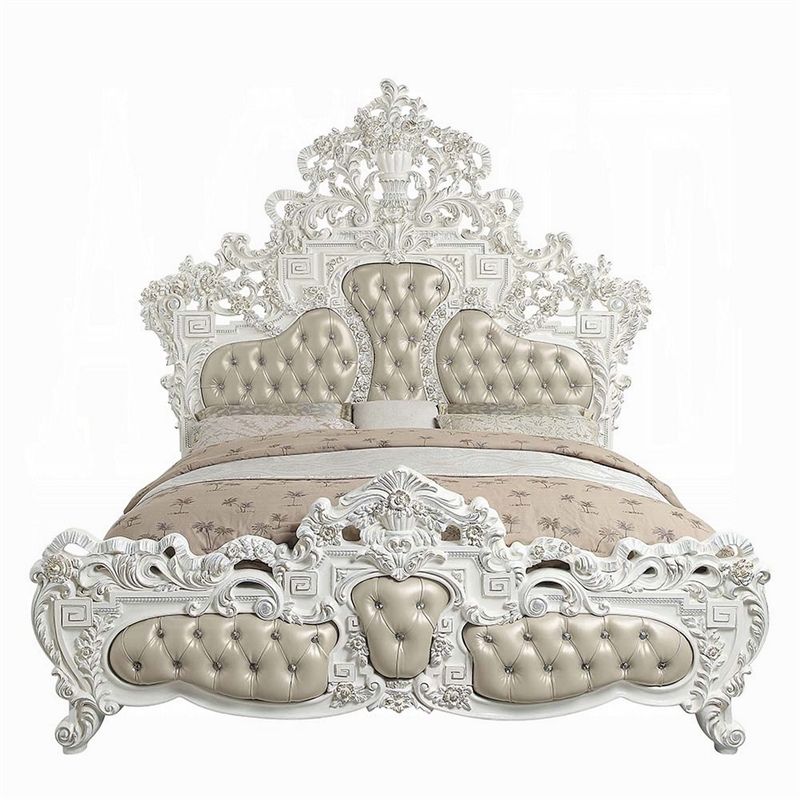 Kin King Size Bed- Ornate Vintage White- Tufted Beige Faux Leather