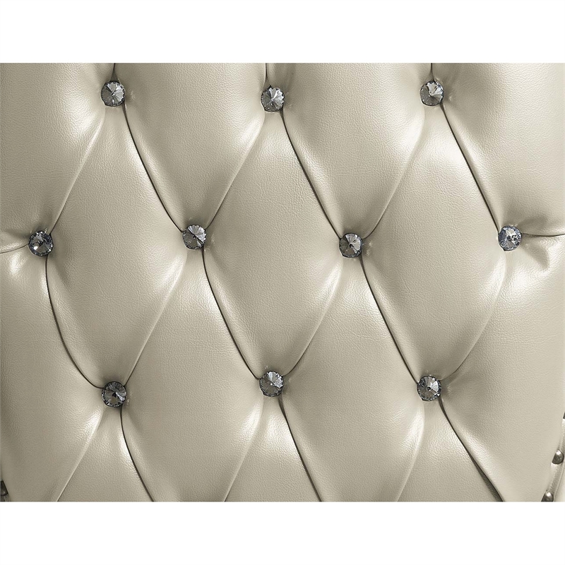 Kin King Size Bed- Ornate Vintage White- Tufted Beige Faux Leather