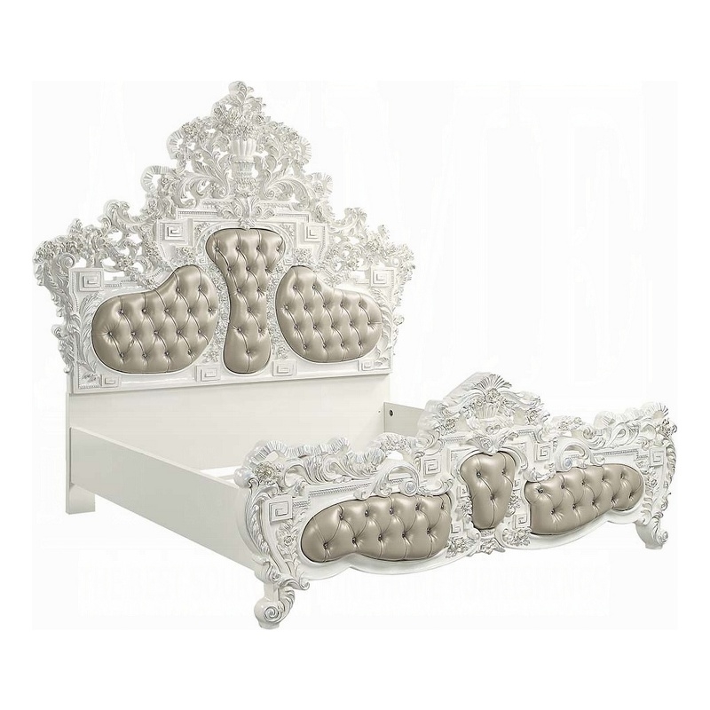 Kin King Size Bed- Ornate Vintage White- Tufted Beige Faux Leather
