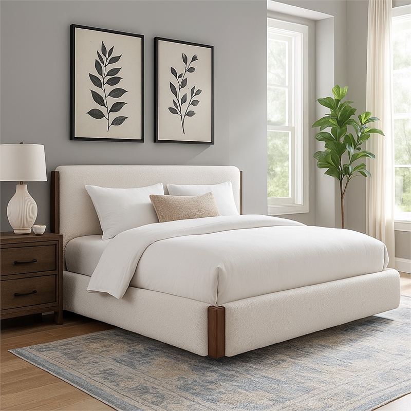 Fedro Queen Bed- Low Profile- White Boucle Upholstery- Walnut Brown