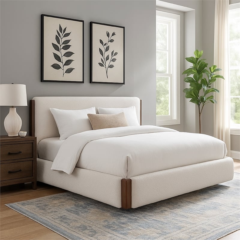 Fedro Queen Bed- Low Profile- White Boucle Upholstery- Walnut Brown