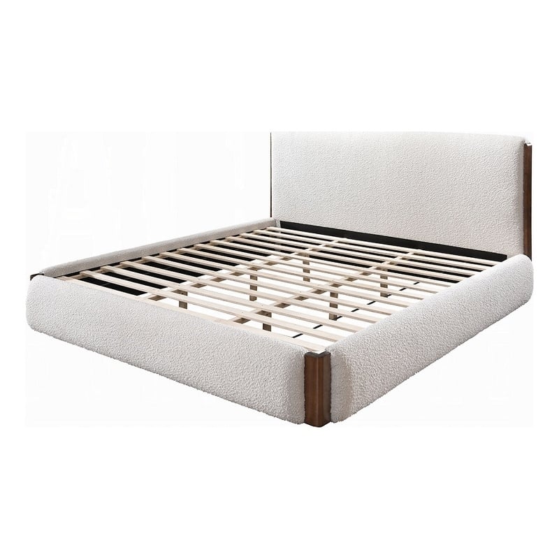 Fedro Queen Bed- Low Profile- White Boucle Upholstery- Walnut Brown