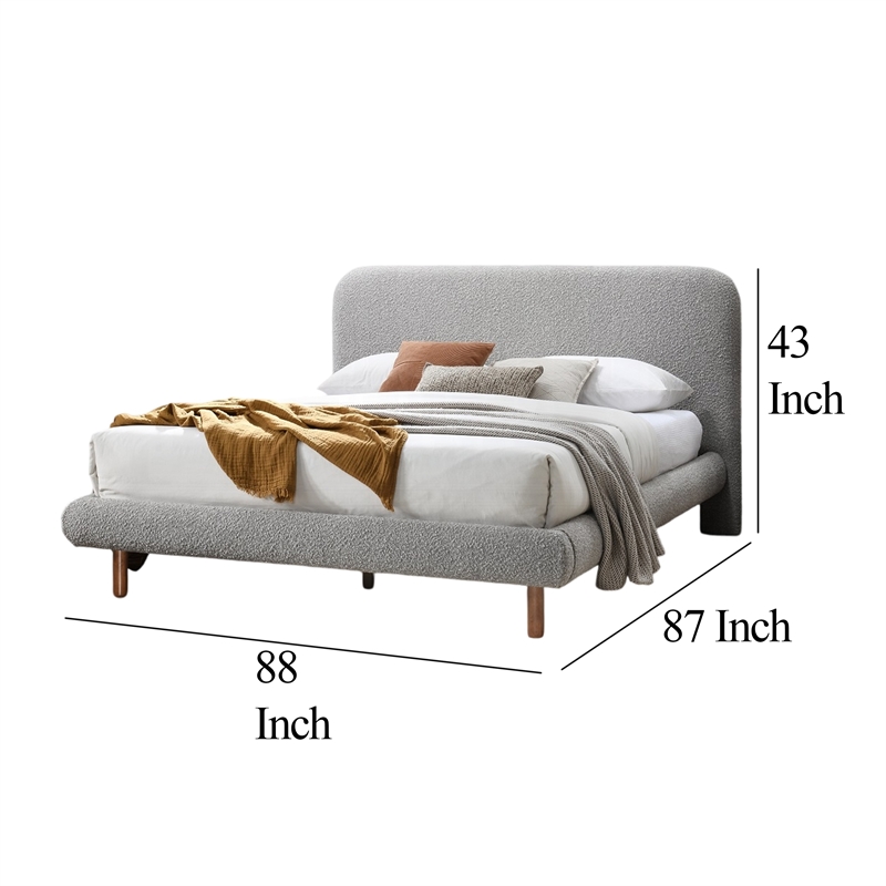 Damazy King Size Bed- Curved Edges- Gray Boucle Upholstery- Brown Wood