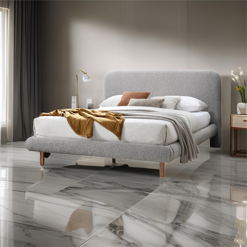 Damazy King Size Bed- Curved Edges- Gray Boucle Upholstery- Brown Wood