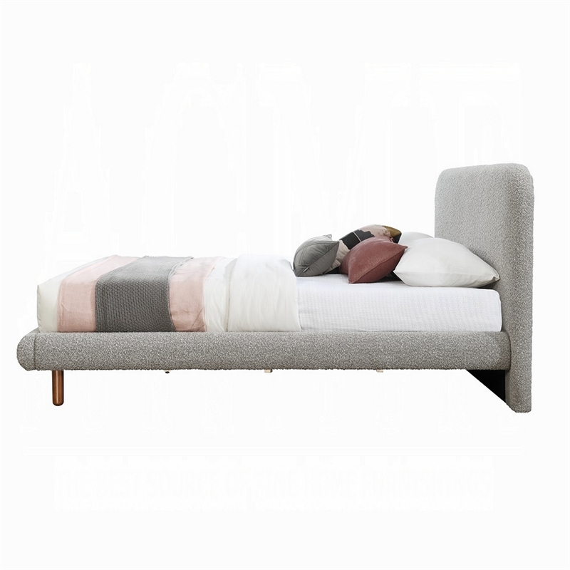 Damazy King Size Bed- Curved Edges- Gray Boucle Upholstery- Brown Wood