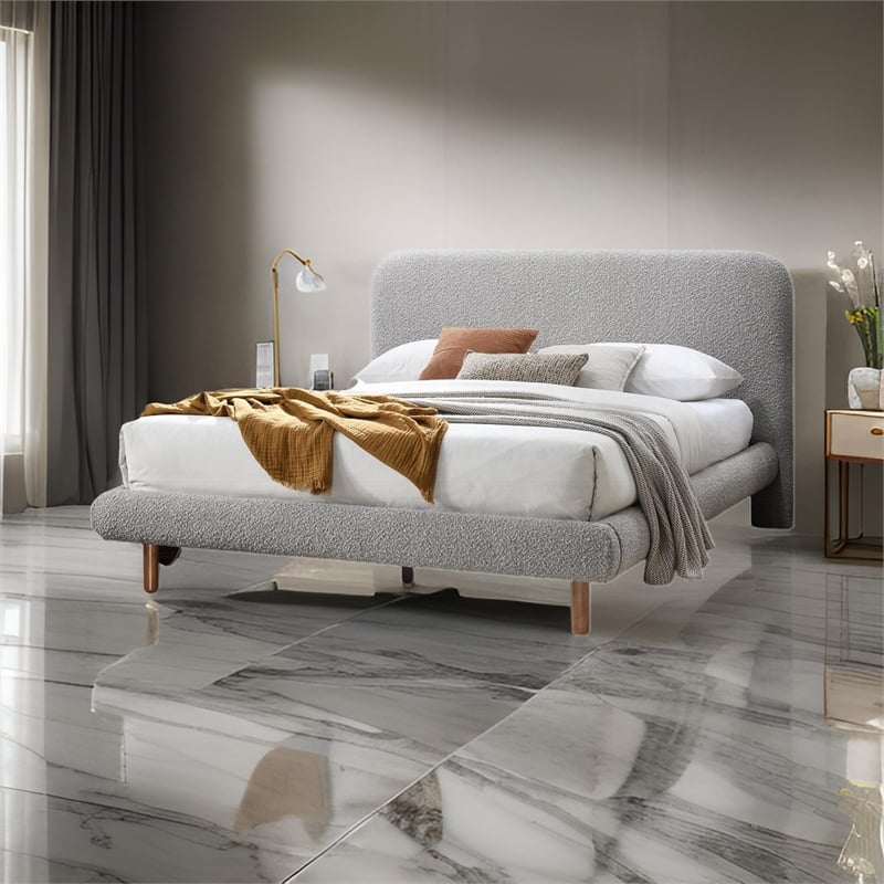 Damazy King Size Bed- Curved Edges- Gray Boucle Upholstery- Brown Wood