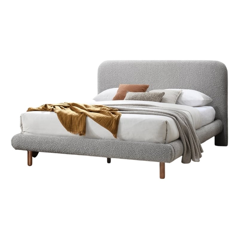 Damazy King Size Bed- Curved Edges- Gray Boucle Upholstery- Brown Wood