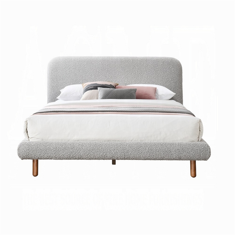 Damazy King Size Bed- Curved Edges- Gray Boucle Upholstery- Brown Wood