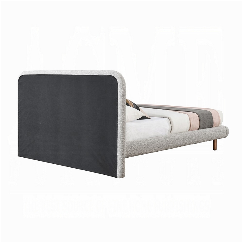 Damazy King Size Bed- Curved Edges- Gray Boucle Upholstery- Brown Wood
