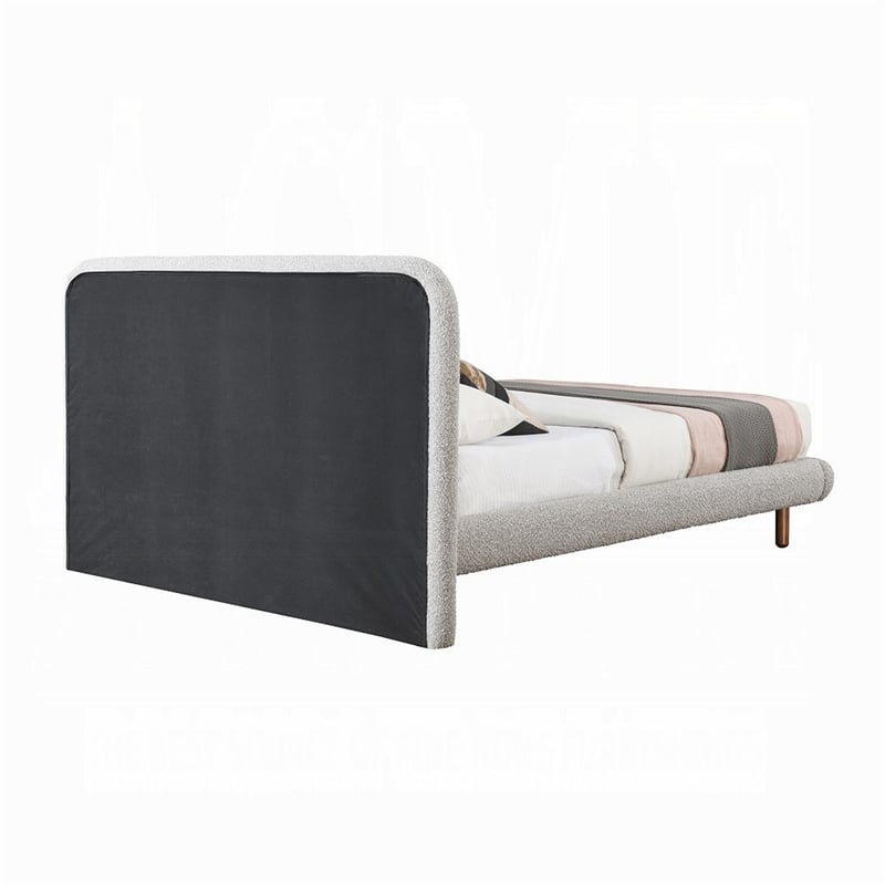 Damazy Queen Bed- Curved Edges- Gray Boucle Upholstery- Brown Wood